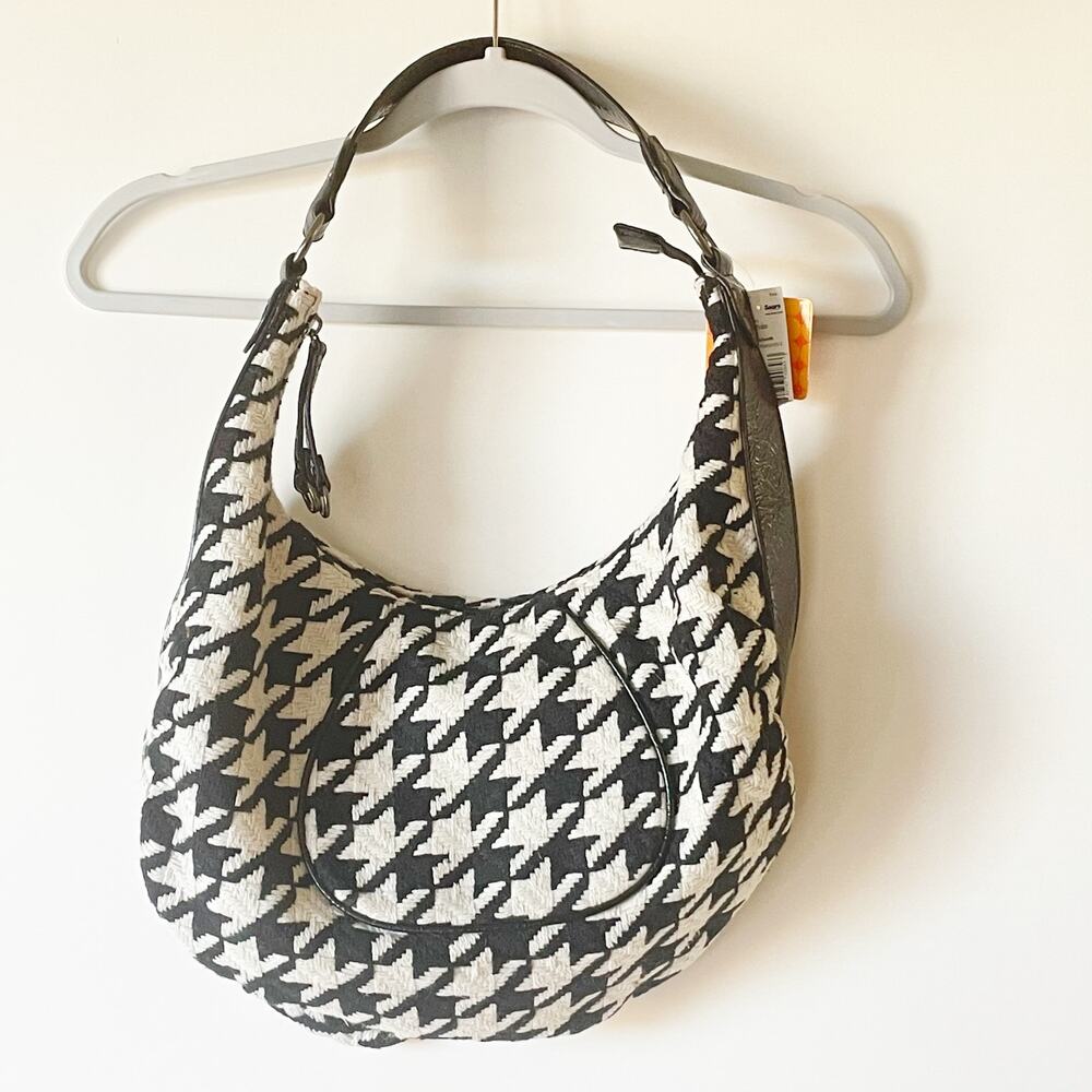 Stone & Co Black White Houndstooth Plaid Crescent Handbag Purse New